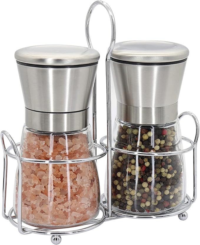 Premium Stainless Steel Salt and Pepper Grinder Set - Short Glass Shaker, Pepper Mill & Salt Mill with Adjustable Coarseness, Refillable for Himalayan or Sea Salt, Black Peppercorn, with Bonus Stand