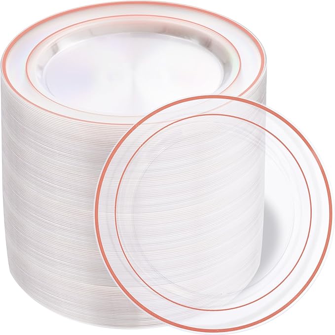 bUCLA 100PCS Clear Rose Gold Plastic Plates Disposable - Heavy Duty 6.25 Inch Clear Plastic Dessert Plates with Rose Gold Trim - Ideal for Party, Wedding & Mother’s Day