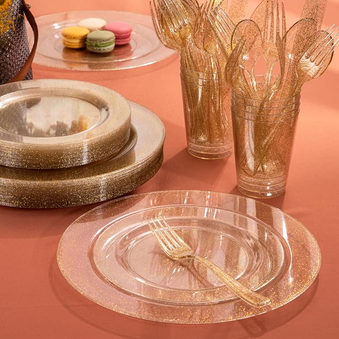 I00000 102PCS Gold Glitter Plastic Plates, Gold Glitter Disposable Plates Clear Plastic Party Plate Include 51 Dinner Plate 10.25" and 51 Dessert Plate 7.5" for Parties &Wedding