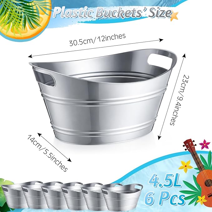meekoo 6 Pcs Plastic Ice Buckets Bulk with Handles 4.5L Oval Storage Tub Large Capacity Ice Drink Bucket for Easter Summer Party Bar Wine Beer Champagne Beverage Bottle Cooler(4.5 L,Metal)