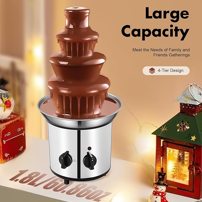 "Classic" Home Chocolate Fountain, 4 Tier Heated Chocolate Gountain Party Dark Dipping Chocolate Electric Fondue Machine for Party, Wedding, Events (4 Tier Sliver Chocolate Fountain)