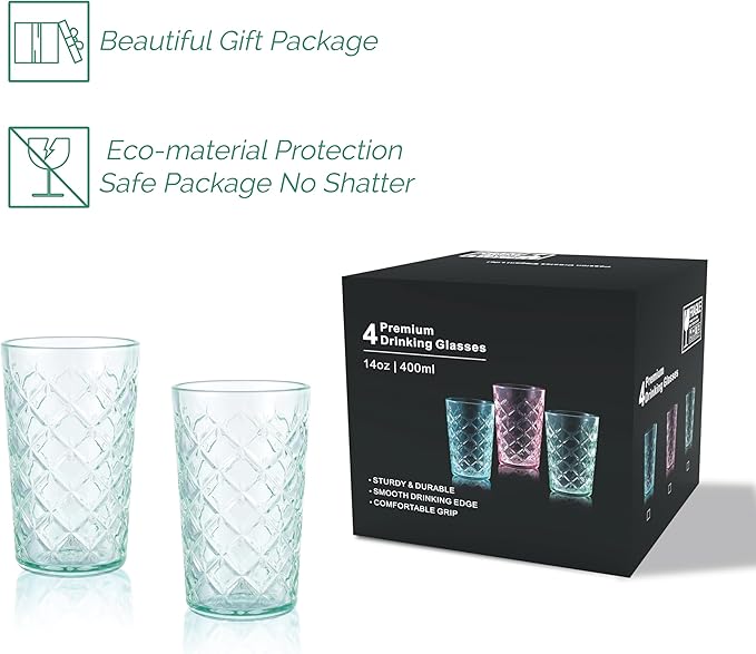 CREATIVELAND Drinking Highball Glasses Set of 4, Vintage Cross Hatch Glass Cups, 15.5oz Tall Drinking Water Glasses, Dishwasher Safe Green Glass Tumbler Glassware for Water, Juice, Cocktail, Coffee