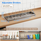 Mustorn Pots and Pans Organizer Under Cabinet, 22" Expandable Food Storage Container Lid Organizers with 9 Adjustable Dividers Pot and Pan Lid Holders Rack Inside Cabinet/Countertop(1 Pack, Gray)