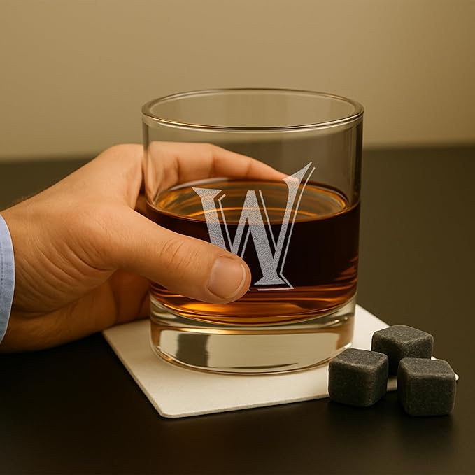 On The Rox (W-Monogram)- 4 Piece Set of 11 Ounce Engraved Heavy Base Rocks Glasses- Quality Elegant Glass-Multi-Purpose Beverage-Rocks Glass- For any Occasion