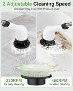 Electric Spin Scrubber, Cordless Cleaning Brush, Shower Scrubber with 9 Floor Machine Pads, 2H Power Dual Speed, Adjustable Extension Handle, IPX7 Waterproof for Floor Carpet Tub Tile Car, O-White.