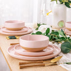 AmorArc Ceramic Dinnerware Sets for 8, 24 Pieces Handpainted Speckled Plates and Bowls Set with Rustic Terracotta Underside, Scratch Resistant Stoneware Dishes Set, Dishwasher & Microwave Safe, Pink
