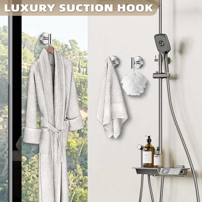 Suction Cup Hooks for Shower - Bathroom Reusable Hooks for Towels, Robes & Loofah - No-Drill Mounting on Kitchen,Walls,Metal,Glass,Mirrors,Tile & Smooth Non-Porous Surfaces (2, Brushed Nickel)
