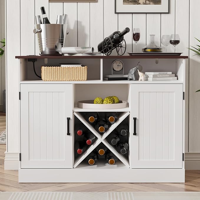 MHOM Farmhouse Coffee Bar Cabinet with Prower Outlets, Rustic Liquor Cabinet with Wine Rack, Wooden Wine Cabinet for Dining Room & Living Room, White