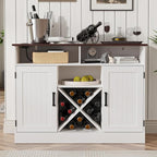 MHOM Farmhouse Coffee Bar Cabinet with Prower Outlets, Rustic Liquor Cabinet with Wine Rack, Wooden Wine Cabinet for Dining Room & Living Room, White