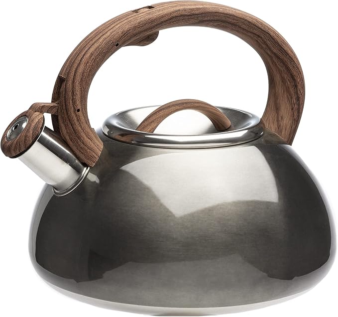 Primula Avalon Whistling Stovetop Tea Kettle, Food Grade Stainless Steel Wide Mouth, Fast to Boil, Cool Touch Handle, 2.5-Quart, Gunmetal Grey and Wood-Look