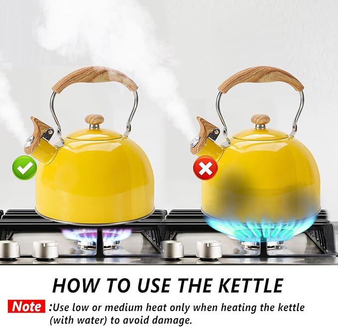 Tea Kettle,Whistling Tea Kettle Stovetop 2.6 Quart, Tea Pots for Stove Top Food Grade Stainless Steel,Wood Pattern Handle(Yellow),With Anti Scald Towel