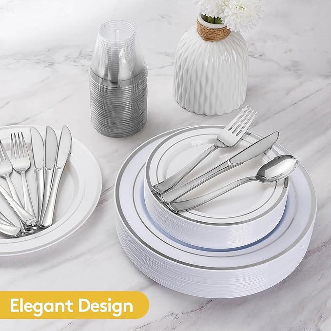 Goodluck 420Pieces silver Disposable Plates for 70 Guests, Plastic Plates for Party, Dinnerware Set of 70 Dinner and 70 Dessert Plates, 70 Spoons, 70 Forks, 70 Knives, 70 Cups