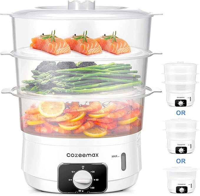 3 Tier Electric Food Steamer for Cooking, 13.7QT Vegetable Steamer for Fast Simultaneous Cooking, Veggie Steamer, Food Steam Cooker, 60 Minute Timer, BPA Free Baskets, 800W(White)