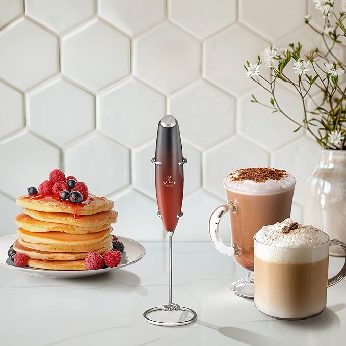 Zulay Kitchen Powerful Milk Frother Wand With 4 AA Duracell Batteries - Ultra Fast Handheld Drink Mixer - Electric Whisk Foam Maker for Coffee, Lattes, Cappuccino, Matcha & Creamer - Black and Red