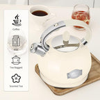 RETTBERG Tea Kettle for Stovetop Induction Whistling Tea Kettles 2.64 Quart Retro Food Grade Stainless Steel Teapots with Cool Touch Handle White