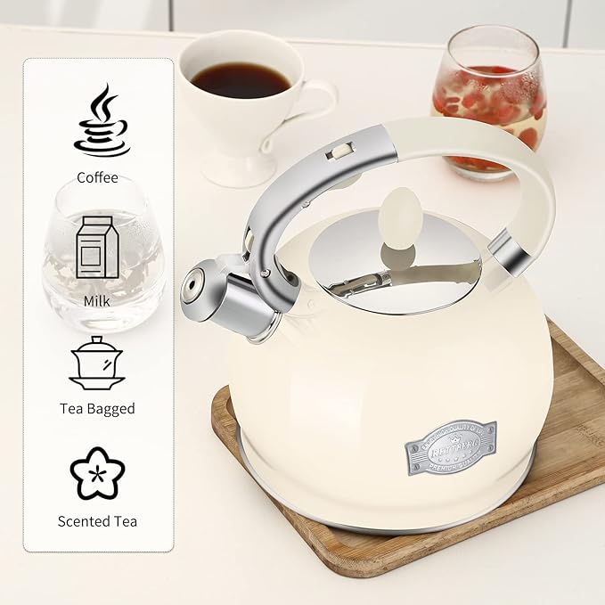 RETTBERG Tea Kettle for Stovetop Induction Whistling Tea Kettles 2.64 Quart Retro Food Grade Stainless Steel Teapots with Cool Touch Handle White