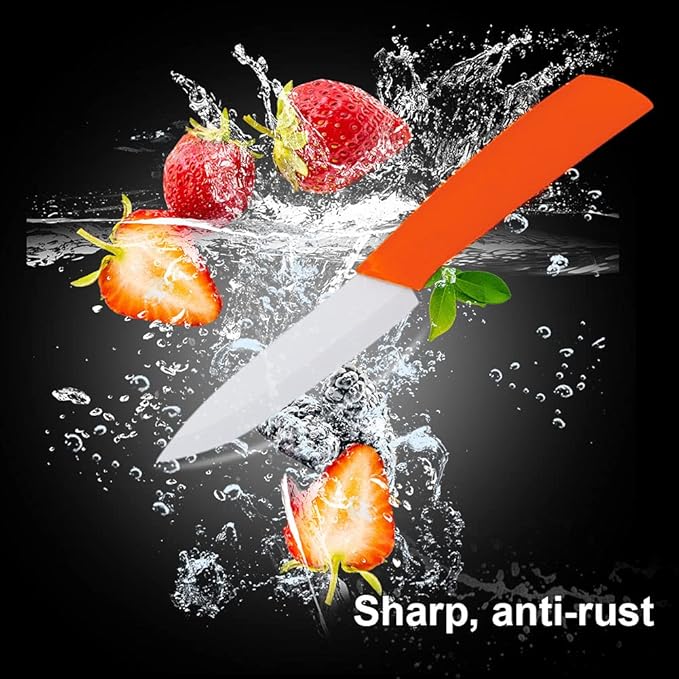 5-Pieces Ceramic Knife Set,Sharp Ceramic Knife with Block Stand,Steak Knife,Orange Kitchen Knives With Anti-Slip handle,Includes 6"Chef Knife,5"Utility Knife,4"Vegetable Knife,3"Bread Knife,1''Peeler