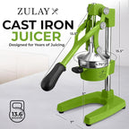 Zulay Kitchen Cast-Iron Orange Juice Squeezer - Heavy-Duty, Easy-to-Clean, Professional Citrus Juicer - Durable Stainless Steel Lemon Squeezer - Manual Citrus Press & Orange Squeezer (Light Green)