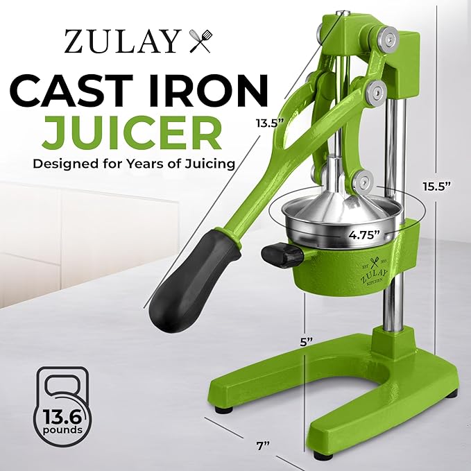 Zulay Kitchen Cast-Iron Orange Juice Squeezer - Heavy-Duty, Easy-to-Clean, Professional Citrus Juicer - Durable Stainless Steel Lemon Squeezer - Manual Citrus Press & Orange Squeezer (Light Green)