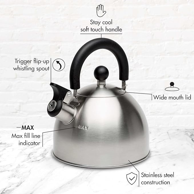 Primula Stewart Whistling Stovetop Tea Kettle Food Grade Stainless Steel, Hot Water Fast to Boil, Cool Touch Folding, 1.5-Quart, Brushed with Black Handle
