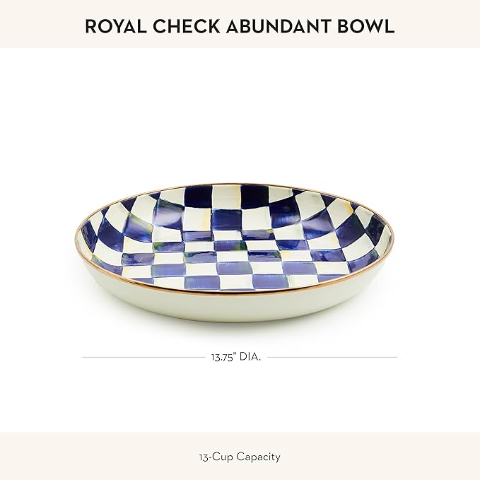 MACKENZIE-CHILDS Enamel Abundant Bowl, Decorative or Serving Bowl, 13-Cup Capacity, Blue-and-White Royal Check