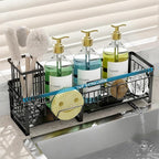 Extra Large Extendable Sponge Holder for Kitchen Sink, Rustproof Sink Caddy Organizer with High Brush Holder, Dish Soap Dispenser Organizers and Storage (Black)