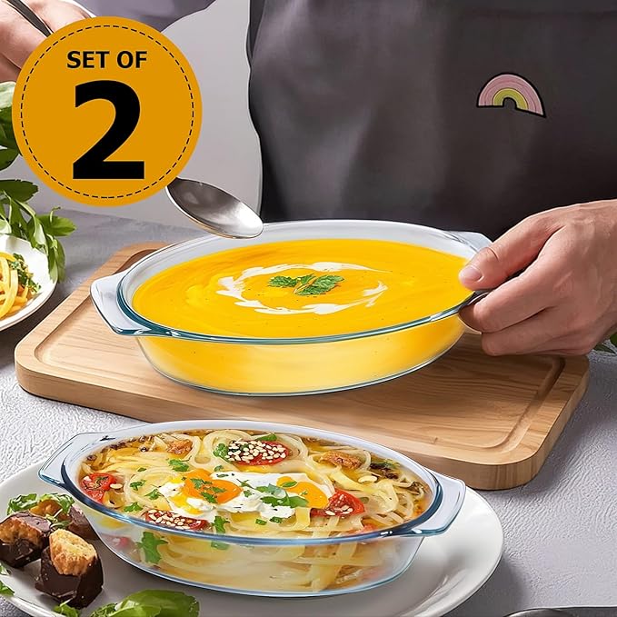 Small Casserole Dishes Oval 2 Pack, 23oz Glass Au Gratin Baking Dish, Individual Oval Baking Pan for Oven Microwave Air Fryer, 1 or 2 Person Servings, Bakeware Clear Prep Bowls with Handle