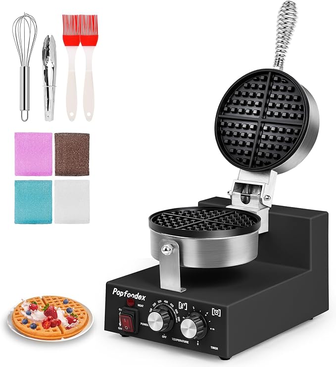 Commercial Waffle Maker for Restaurant, 110V Electric Waffle Maker w/Non-stick and 122–572°F Adjustable Temp, 1200W Profession Waffle Iron with Timer and Heavy Duty, Hotel Waffle Machine