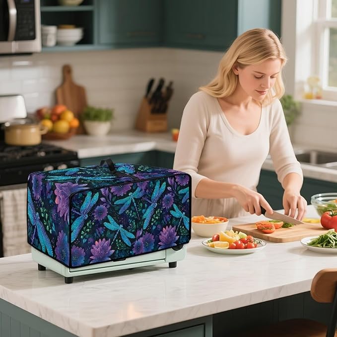 Dragonfly Lotus Print Toaster Oven Cover Compatible with Most Toaster Ovens, Heavy Duty Dust-proof Microwave Oven Cover for Kitchen Counter, Purple (Medium-16.1 * 19.71 * 10 inches)