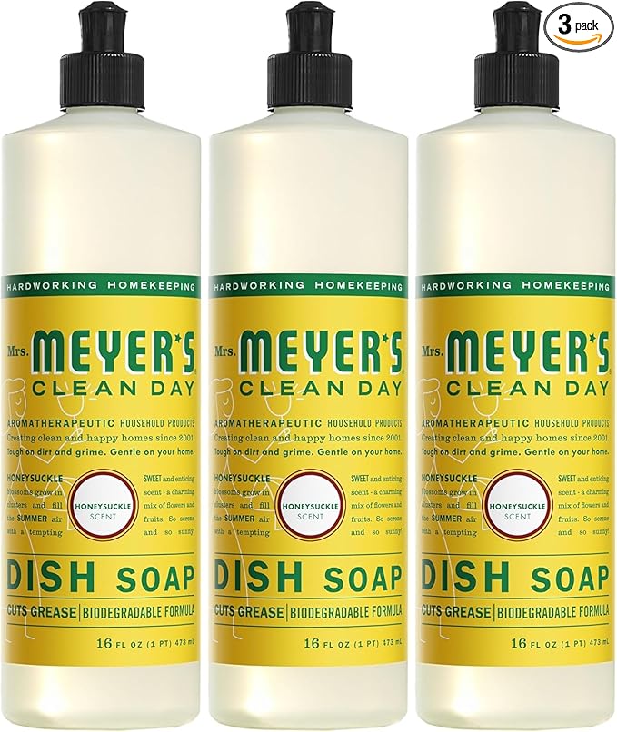 MRS. MEYER'S CLEAN DAY Liquid Dish Soap, Biodegradable Formula, Honeysuckle, 16 fl. oz - Pack of 3