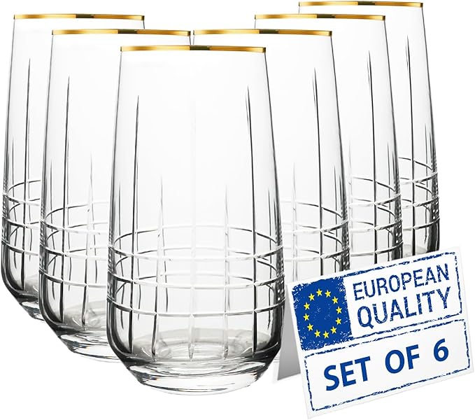 Gold Rim Drinking Glasses | Set of 6 | Handmade Crystal Cut Tall Highball Glass Cups, Glassware for Cocktail, Long Drink, Water, Juice, Ice Tea, Mojito, 16 oz
