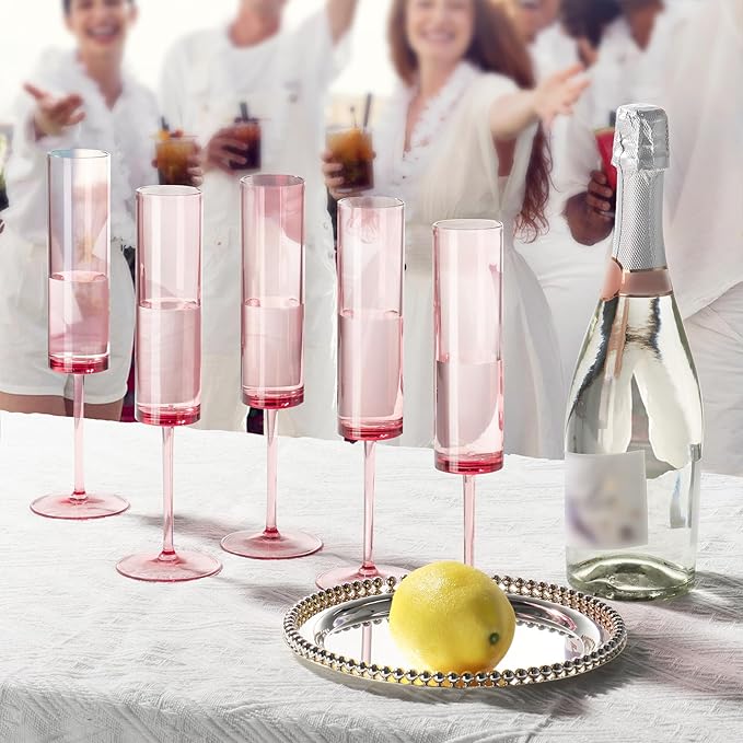 100 PCS Pink Champagne Flutes Plastic 5.4 OZ Clear Acrylic Champagne Flutes Sparkling Wine Glasses Wedding Table Decorations Reusable For Valentines Toasting Engagement Party Supplies