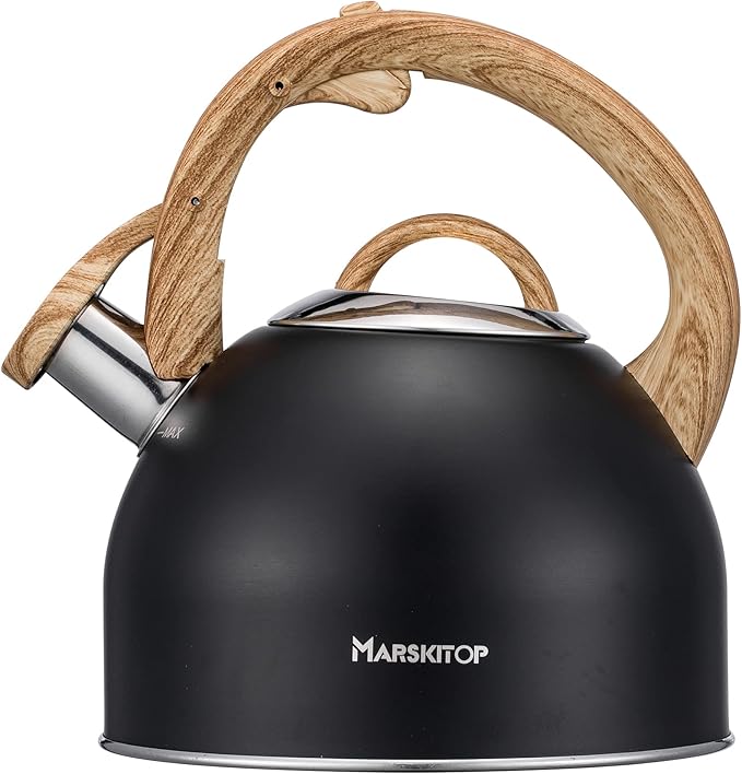 MARSKITOP Whistling Tea Kettle for Stove Top 2.6 Quart, Food Grade Stainless Steel Tea Pot for Stove Top with Anti-Hot Handle, Black