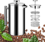 Small French Press Stainless Steel Coffee Maker 21oz(3 Cups), Double Wall Insulated for Hot& Cold Brew, Compact Coffee& Tea Press for Camping, Office, Travel with 3 Ultra-Fine Filters & Spoon- Silver