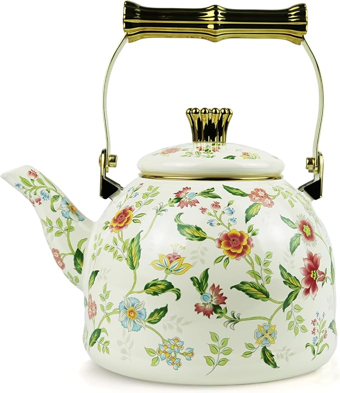 Vintage Enamel Tea Kettle, Fragrant Flowers Pattern Stovetop Teapot with Gold Handle, 2.5L Enamel Kettle Kitchen Decor, Ideal Gift for Housewarming Camping Coffee Pot