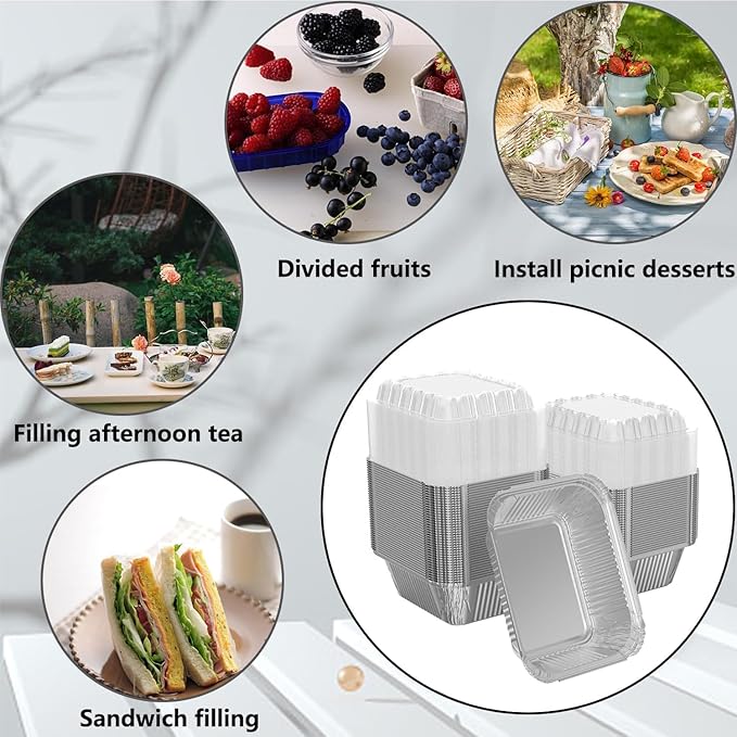 iHomeSet 100 Pack 1 lb Rectangular Disposable Aluminum Foil Pan 16 oz Take Out Food Containers with Clear Plastic Dome Lids, for Catering, Baking, Roasting Food