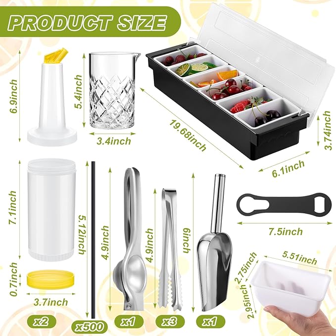 Mifoci 28 Pcs Bartender Kit, Mixologist Bartender Kit Garnish Tray with Lid Bar Caddy and 3 Tier Glass Rimmer, 17 Pcs Margarita Cocktail Shaker Set with Wooden Base for Home Bar Gift Set(PVA Plastic)