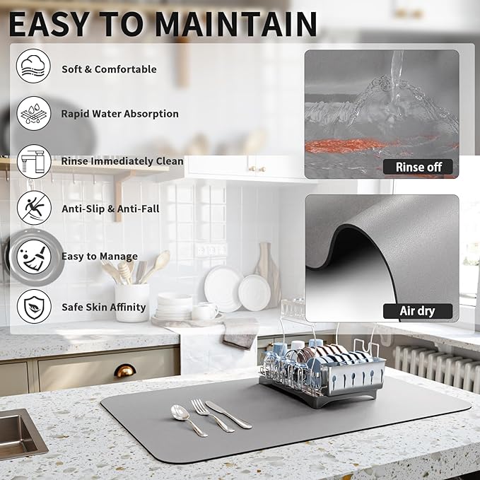 HotLive Dish Drying Mat for Kitchen Counter, Heat Resistant Drainer Mats with Non-slip Rubber Backed, Hide Stain Kitchen Super Absorbent Draining Mat, Easy to Clean Dish Rack Pad, Grey 18"x24"