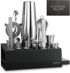 Mixology Bartender Kit - 22Pcs Bar Set Cocktail Shaker Set w Black Bar Cart Accessories Stand - Shakers Bartending Silver Tools, 24oz Shaker, 17 Recipe Cards, Martini Barware