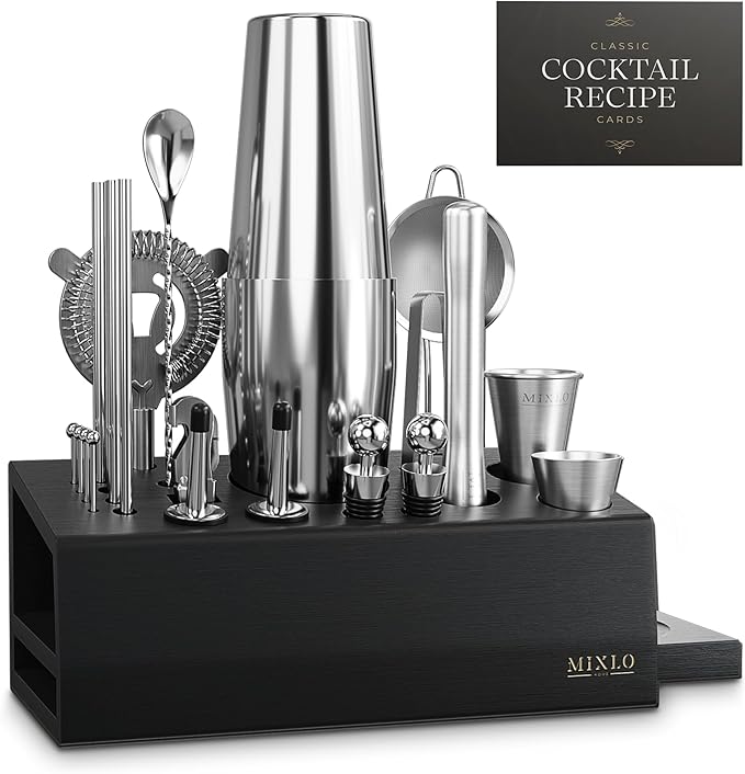 Mixology Bartender Kit - 22Pcs Bar Set Cocktail Shaker Set w Black Bar Cart Accessories Stand - Shakers Bartending Silver Tools, 24oz Shaker, 17 Recipe Cards, Martini Barware