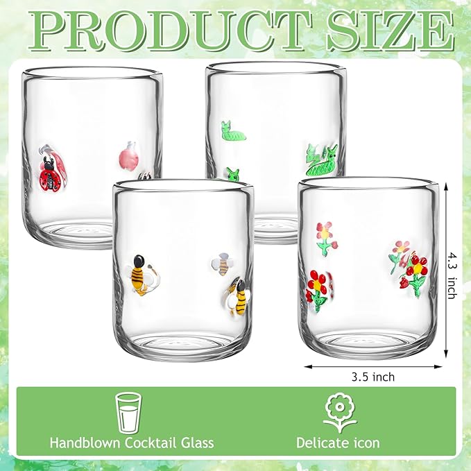 Vesici 4 Pcs Juice Glasses 14 oz Glass Cups Stemless Wine Glasses Hand Blown Drinking Cocktail Cups for Easter Christian Gifts Party Supplies(Ladybug)
