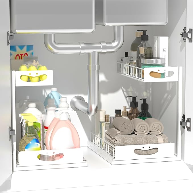 Under Sink Organizer with Pull-Out Drawers,Kitchen Sink Organizer,2 Tier Bathroom Organizers And Storage,Bathroom Accessories Set,White 2 Pack