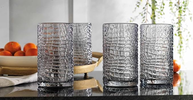 Glaver's Highball Glasses Set of 4 Smoke Drinking Glasses, 15 Ounce Crackle Textured Newly Designed Patent Glassware Heavy Bar Home Party Decor Black Kitchen Glasses, Water Juice Cocktails