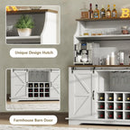 55 Inch Farmhouse Coffee Bar Cabinet with 3-Tier Enclosed Storage Cabinet, Kitchen Hutch with 12 Wine Racks & 3 Glass Holders, Coffee Bar with 6 Hooks, Wood Furniture for Dining Living Room, White
