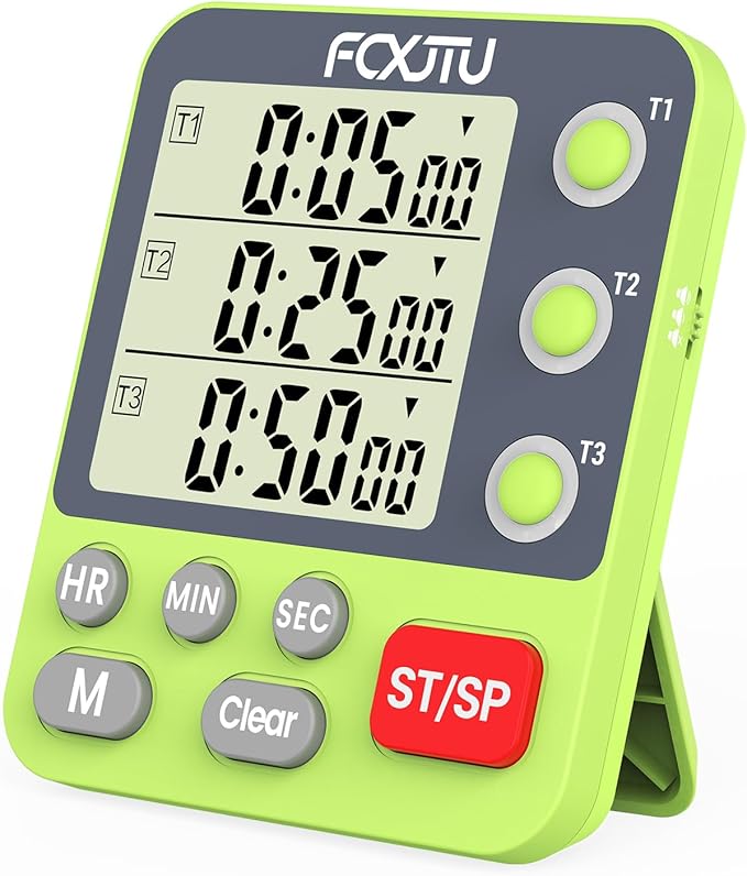 FCXJTU Digital Dual Triple Kitchen Timer, 3-Channel Magnetic Countdown Timer for Cooking, Large Display Stopwatch Multi Food Classroom Timer Loud Alarm for Seniors Teachers Battery Included (Green)