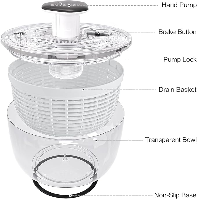 Smile mom Salad Spinner Small Lettuce Spinner Kitchen Gadgets Vegetable Washer, High Efficiency for Home Kitchen Washing & Drying Leafy Vegetables, One-Handed Handle Easy Press 3.8 Qt White