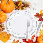 WELLIFE 144 Pieces Silver Plastic Dessert Plates, 7.5 inch Disposable Salad Plates, Premium White Appetizer Plates with Silver Rim, Ideal for Party, Wedding