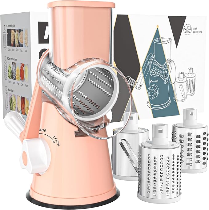 Cambom Rotary Cheese Grater Hand Crank Cheese Shredder for Fresh Cheese, Vegetable, Nuts,Non-slip Suction Base, Free Cleaning Brush Three Blades, Pink