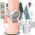 Cambom Rotary Cheese Grater Hand Crank Cheese Shredder for Fresh Cheese, Vegetable, Nuts,Non-slip Suction Base, Free Cleaning Brush Three Blades, Pink