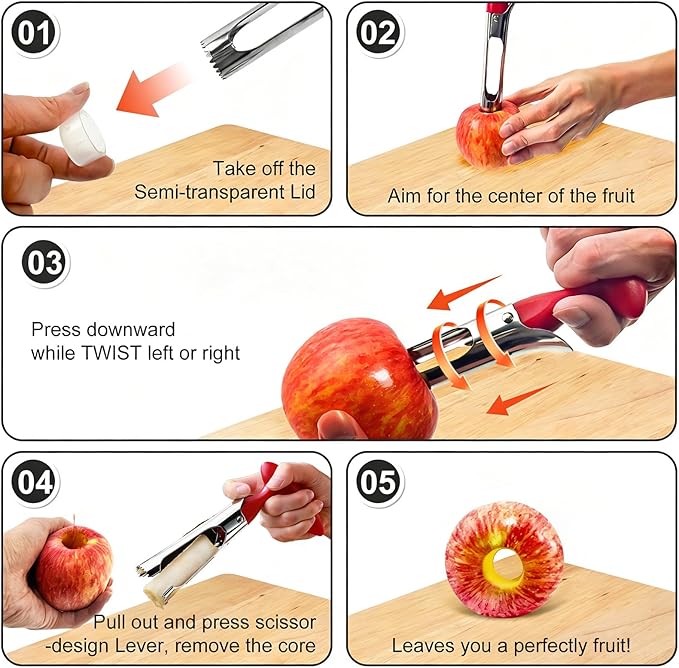 Premium Apple Corer Tool - Ergonomic Non-Slip Handle and Sharp Serrated Blades, Food-Grade Stainless Steel Fruit Core Remover, Kitchen tools for Apples, Pears, Bell Peppers and More, Red
